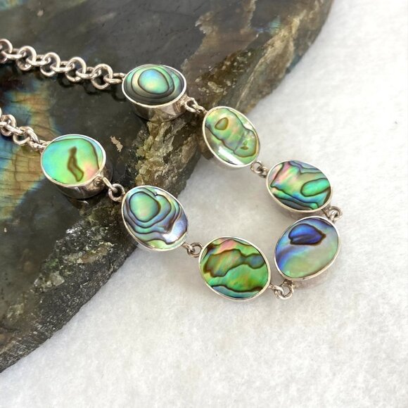Sterling Silver 925 Oval Bezel Set Abalone Link Cable Chain Bracelet 6.5"- 7.75" - Picture 4 of 16